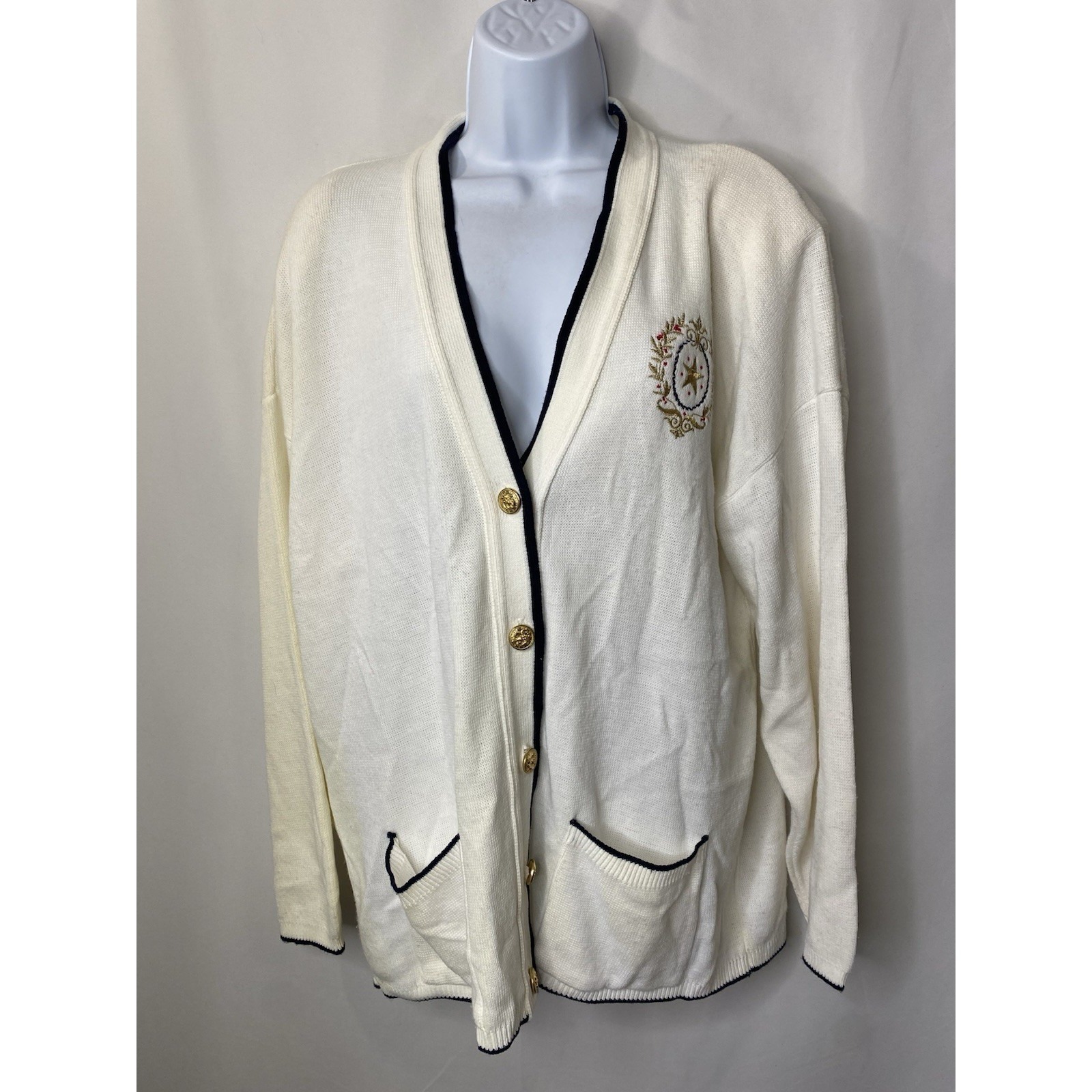 Vintage Womens Cardigan Sweater Size Large Embroidered Crest Varsity Nautical